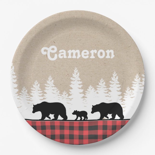 Plaid Bears Birthday Party Paper Plate (Front)