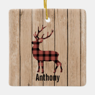 Plaid Big Buck/ Deer On Faux Wood Ornament