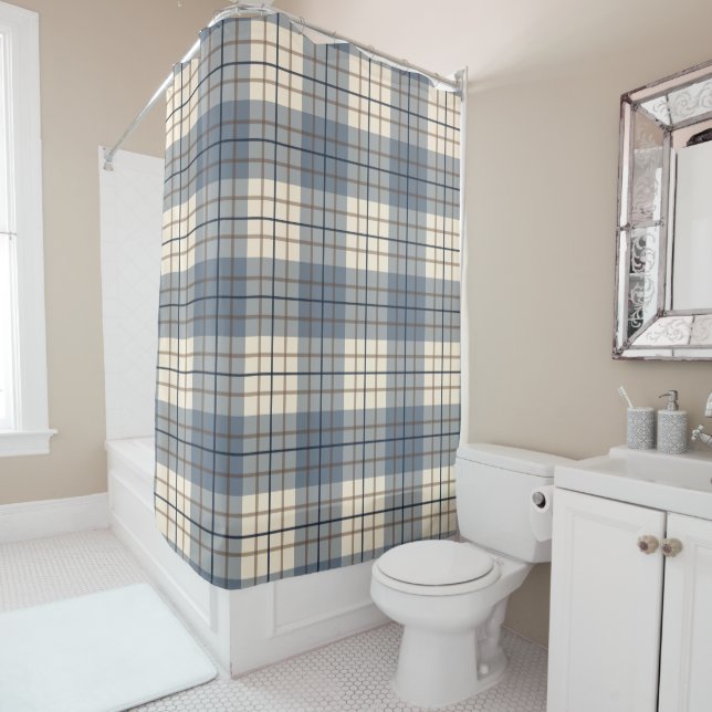 Plaid Big Pattern Blues Brown Cream Shower Curtain (In Situ)