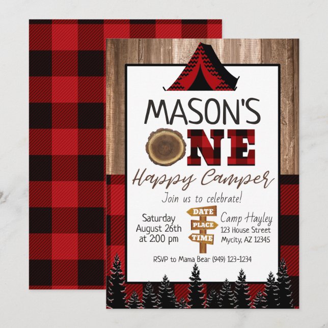 Plaid black and Red One Happy Camper Boy Camping  Invitation (Front/Back)