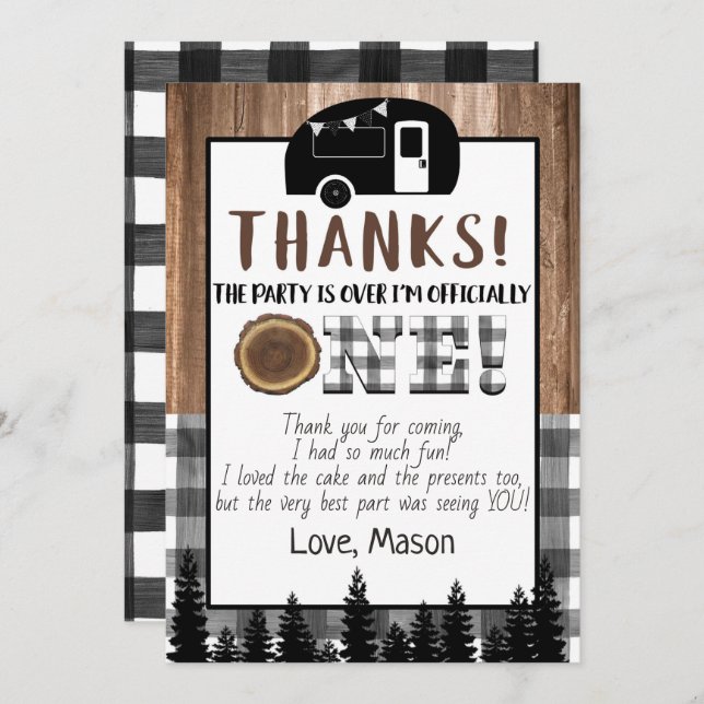 Plaid black and white One Happy Camper Thank You Invitation (Front/Back)