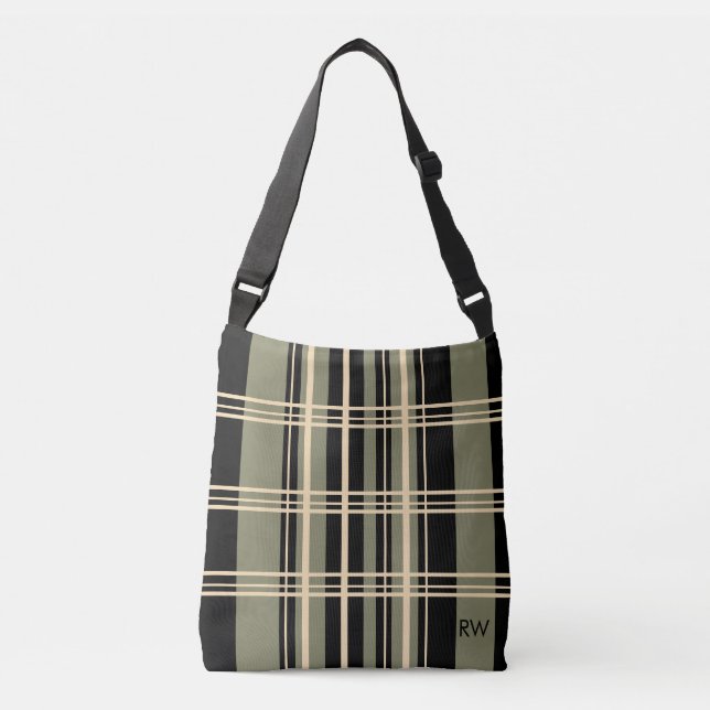 Plaid Black, Olive, Cream Personalised  Crossbody Bag (Front)