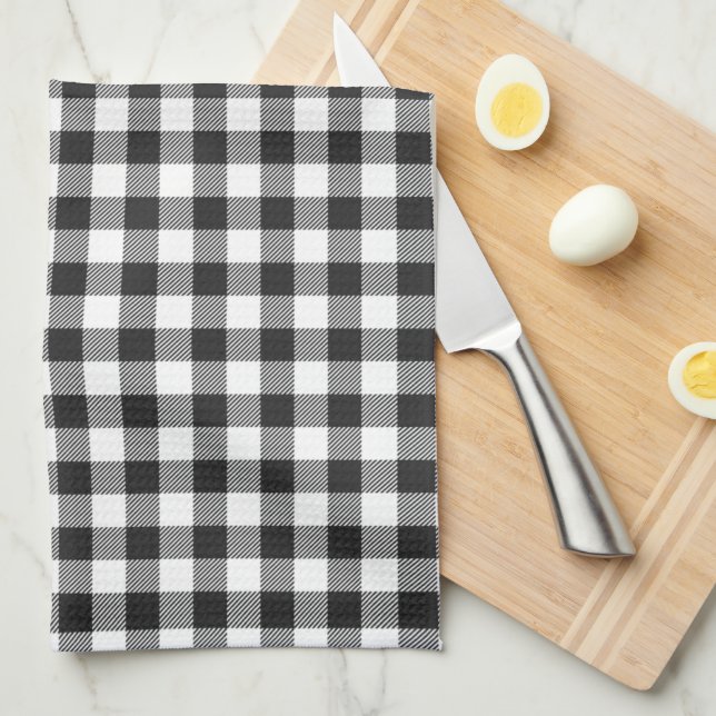 Plaid Black White Buffalo Check Tartan Tea Towel (Quarter Fold)