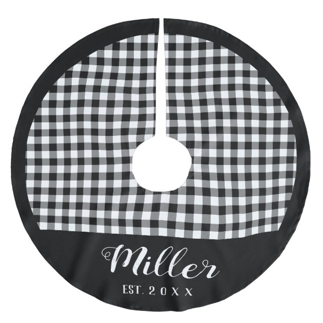 Plaid Black & White Holiday Name + Year Christmas Brushed Polyester Tree Skirt (Front)