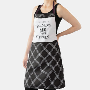 Plaid Black White Tartan Farmhouse Name Apron
