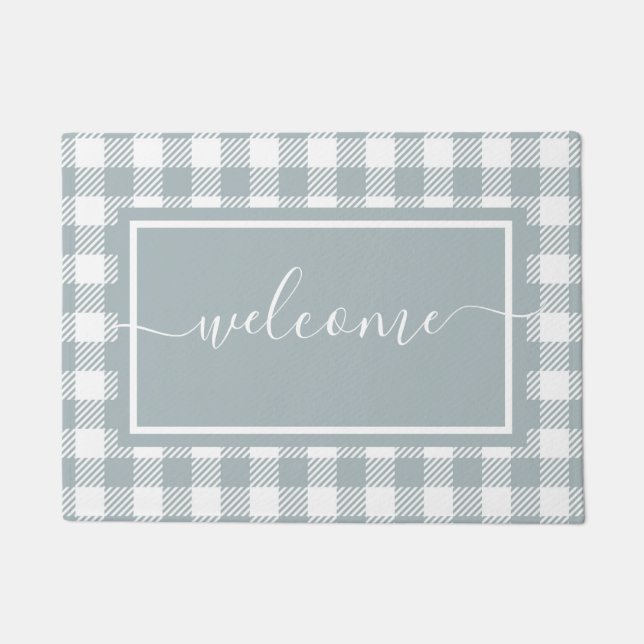 Plaid Blue and White Gingham Pattern Welcome Doormat (Front)