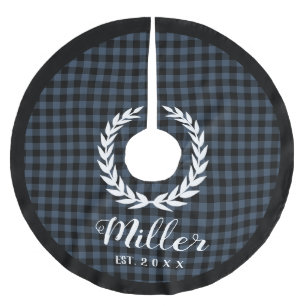 Plaid Blue Holiday Name + Year Christmas Brushed Polyester Tree Skirt
