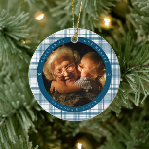 Plaid Blue Memorial Two Photo Ceramic Tree Decoration