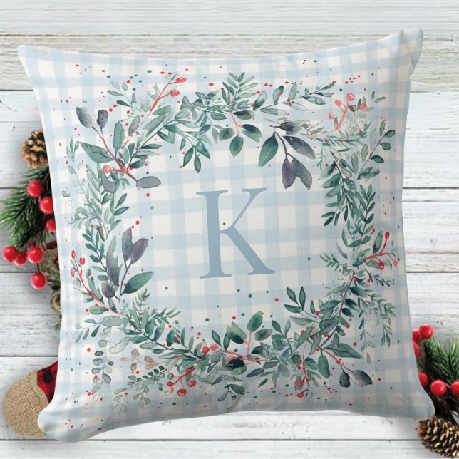 Plaid Blue Monogram Greenery  Christmas Wreath Cushion (Creator Uploaded)