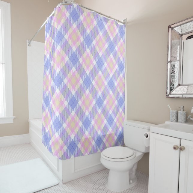 Plaid Blue Pink Yellow Shower Curtain (In Situ)