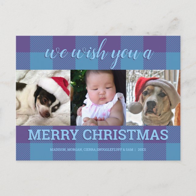 Plaid Blue Purple 3 Photo Collage Christmas Postcard (Front)