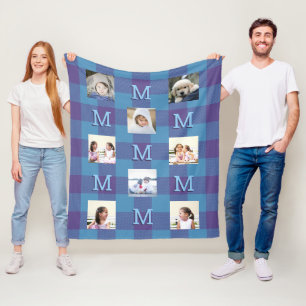 Plaid Blue Purple Cool Monogram 8 Photo Fleece Blanket