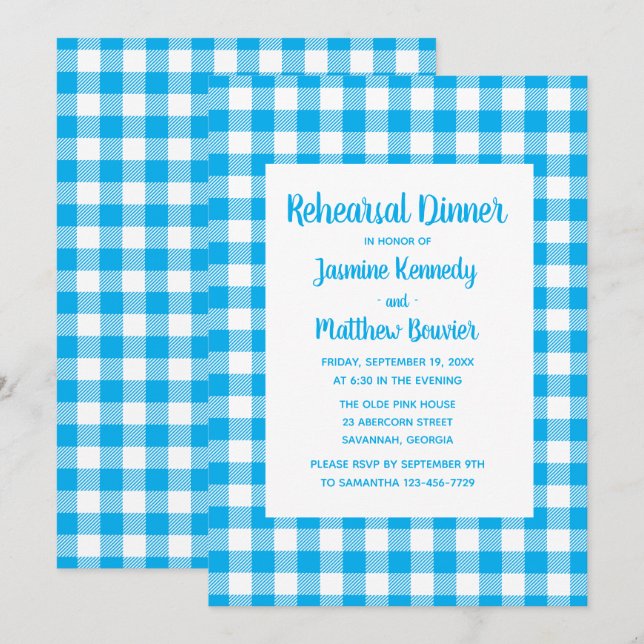 Plaid Blue White Gingham Country Rehearsal Dinner Invitation (Front/Back)