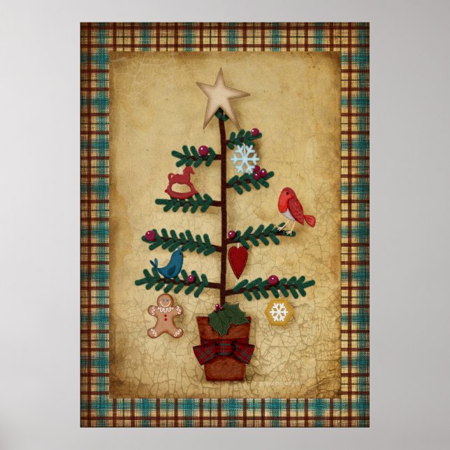 Plaid Border Folk Art Christmas Tree and Ornaments Poster (Front)