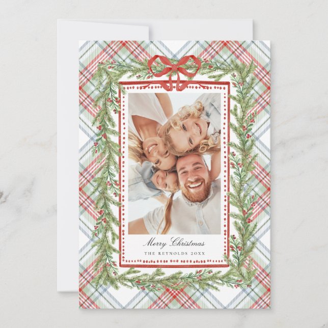 Plaid Bow Family Photo Christmas Holiday  Card (Front)