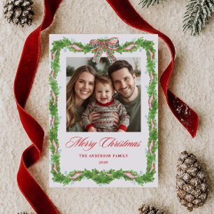 Plaid Bow Greenery Frame Photo Holiday Card