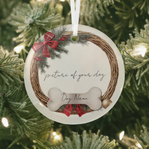 Plaid Bow & Pine Wreath Rustic Dog Ornament