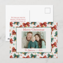 Plaid Bows Bells Photo Christmas Postcard