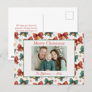 Plaid Bows Bells Photo Christmas Postcard