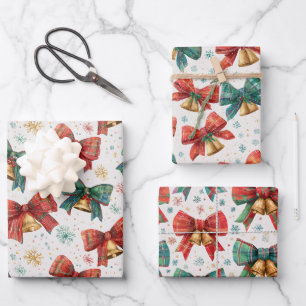 Plaid Bows Bells Retro Christmas  Wrapping Paper Sheet