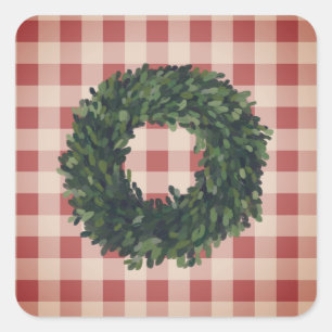 Plaid Boxwood Wreath Farmhouse Gingham Stylish Square Sticker
