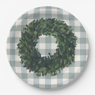 Plaid Boxwood Wreath Farmhouse Style Trendy Party Paper Plate