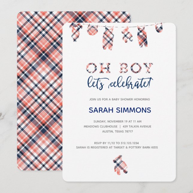 Plaid Boy Clothesline Baby Shower Invitation (Front/Back)