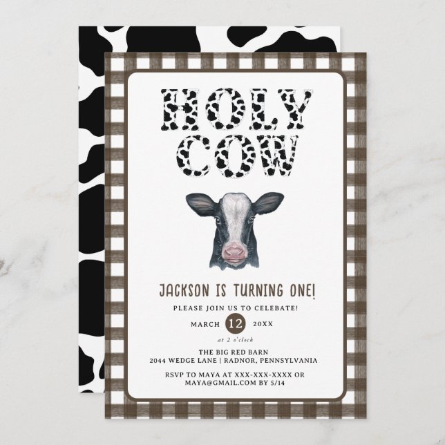 Plaid Boy Holy Cow First Birthday Invitation (Front/Back)