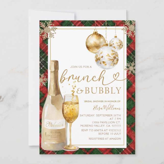  Plaid Brunch and Bubbly Gold Bridal Shower  Invitation (Front)