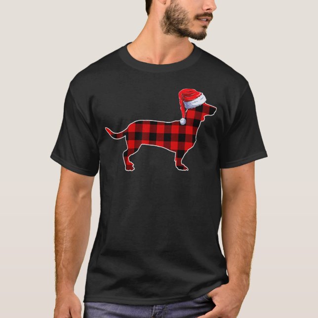 Plaid Buffalo Santa Dachshund Boy Apparel, Christm T-Shirt (Front)