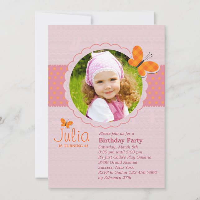 Plaid Butterfly Photo Birthday Party Invitation (Front)