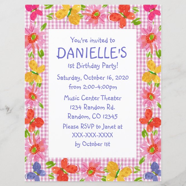 Plaid butterfly theme birthday party invitations (Front)