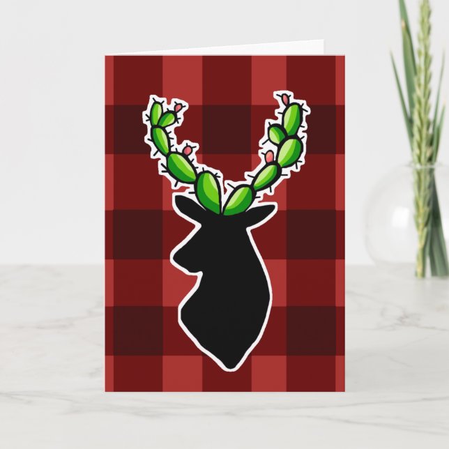 Plaid Cactus Deer Antler Christmas Greeting Card (Front)