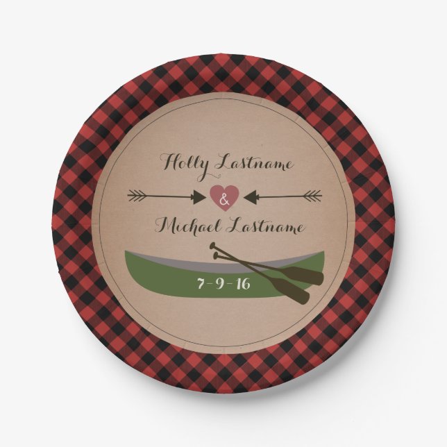 Plaid Canoe + Arrows Rustic Wedding Paper Plate (Front)