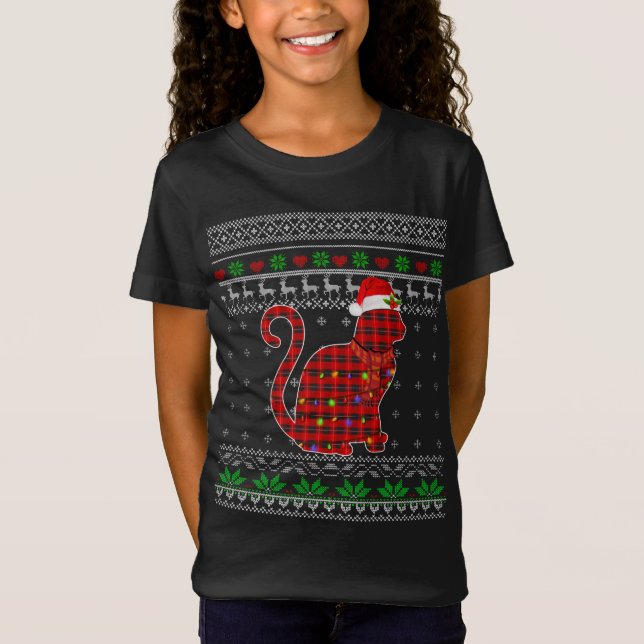 Plaid Cat Ugly Christmas Sweater Pajama Matching F (Front)
