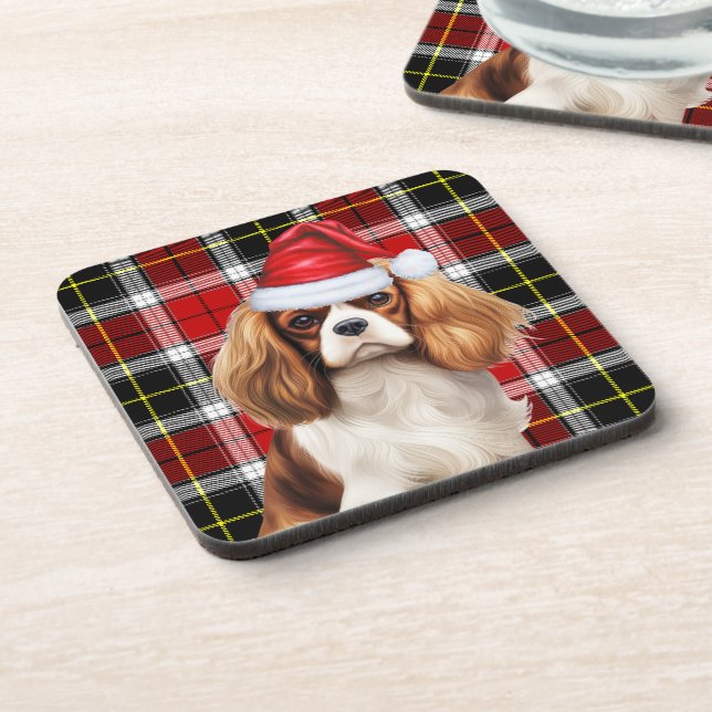 Plaid Cavalier King Charles Spaniel Santa Dog Coaster (Left Side)