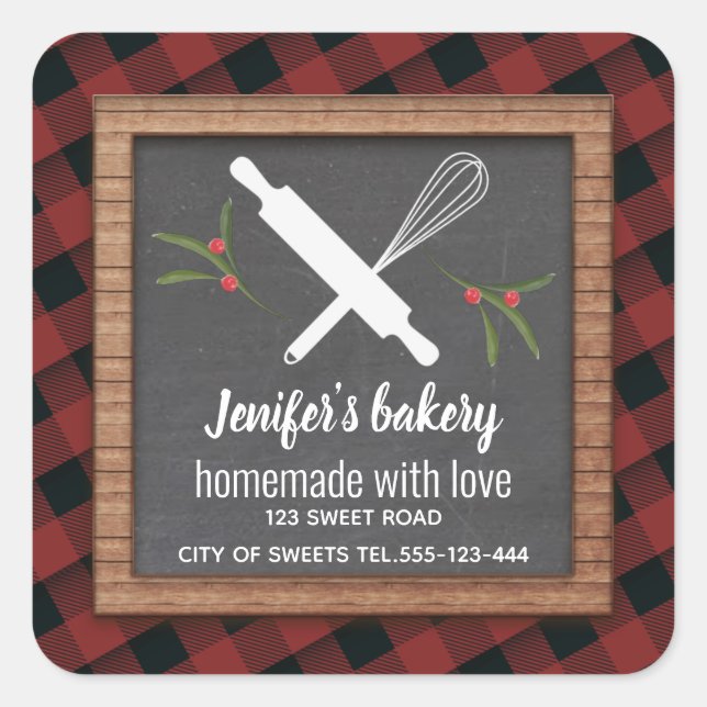 Plaid Chalkboard whisk rolling pin bakery Square Sticker (Front)