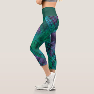 Plaid Check Purple Green Tartan Green Waistband  Capri Leggings
