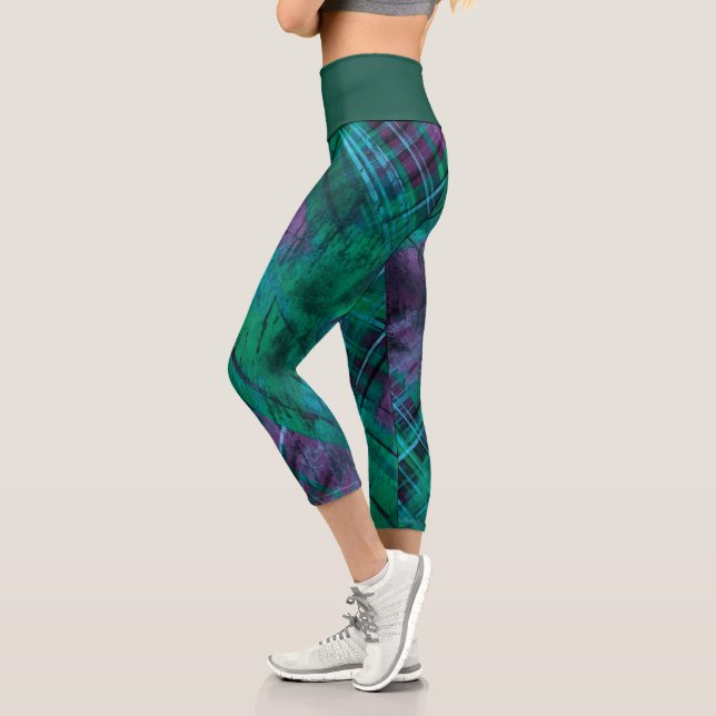 Plaid Check Purple Green Tartan Green Waistband  Capri Leggings (Left)