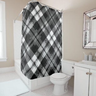 Plaid Check Tartan Black White Farmhouse Modern Shower Curtain