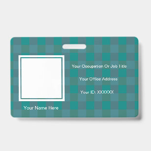 Plaid Chequered Teal Photo Text Templates Employee ID Badge