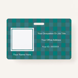 Plaid Chequered Teal Photo Text Templates Employee ID Badge