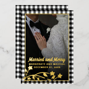 Plaid Christmas 2 Photo Married and Merry Foil Holiday Card
