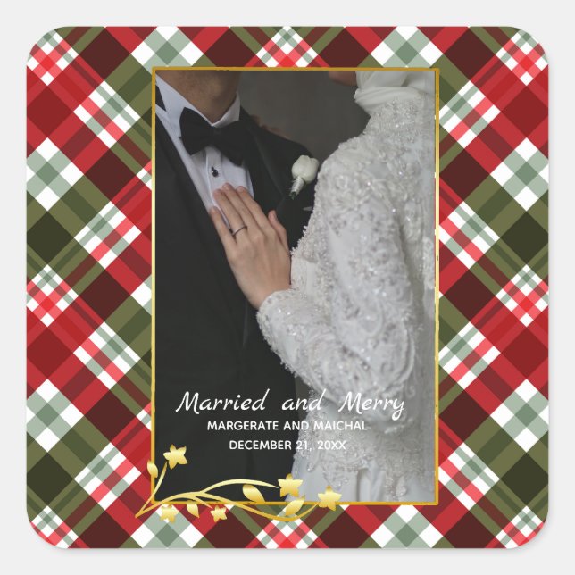 Plaid Christmas 2 Photo Married and Merry Square Sticker (Front)