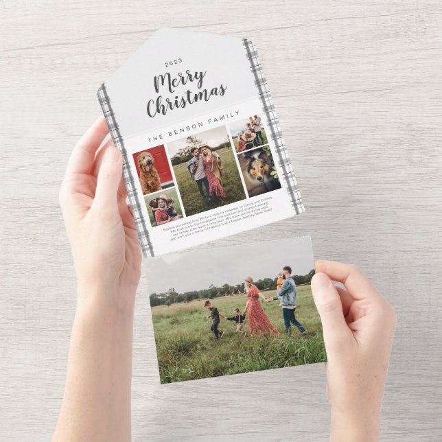 Plaid Christmas Charcoal 6 Photo Holiday All In On All In One Invitation (Tearaway)