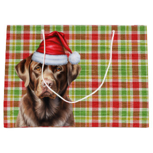 Plaid Christmas Chocolate Labrador Retriever Dog Large Gift Bag