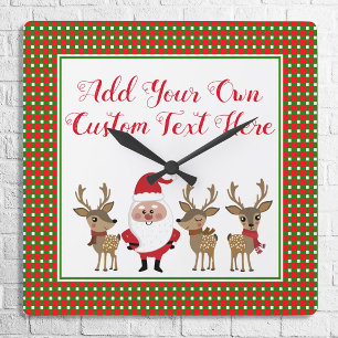 Plaid Christmas Custom Typography Santa Claus Square Wall Clock