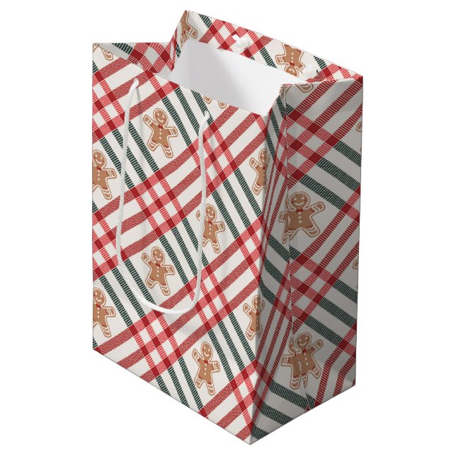 Plaid Christmas Gingerbread Red Green Medium Gift Bag (Front Angled)