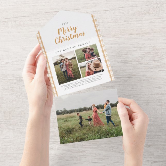 Plaid Christmas Gold 4 Photo Holiday All In One Invitation (Tearaway)