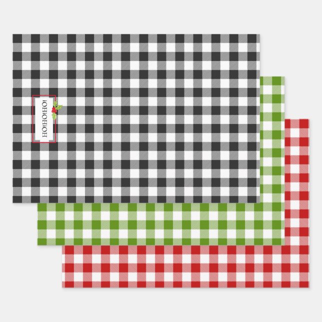 Plaid Christmas Holiday Black White Red Green  Wrapping Paper Sheet (Set)